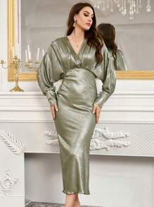 Modelyn Vestido elegante y brillante de silueta sirena de manga murciélago apretado para mujer, vestido de noche largo