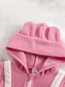 Baby Girl Hooded Plush Warm Cute Rabbit Pattern Casual Fashionable Colorblock Jumpsuit, Fall/Winter Clothes