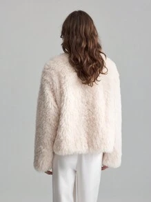 Ontre Women's Long Sleeve Round Neck Fluffy Jacket, Apricot Color Furry Long Coat For Autumn/Winter