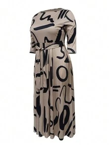 Đầm thường ngày tay dài in họa tiết sọc cỡ lớn cho nữ, mùa thu - Màu Khaki - Xem 3