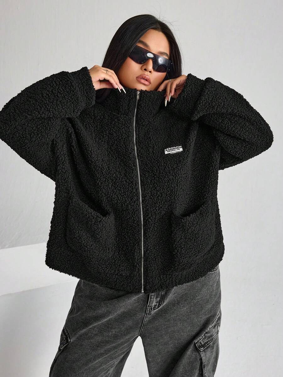 SHEIN ICON ICON Plus Size Women's Black Sherpa Fleece Jacket With Pockets And Lapel Collar - Black - View 1