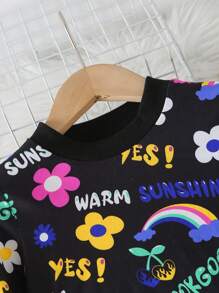 SHEIN 2pcs/Set Young Girl Casual Cartoon Printed Loose Fit Round Neck Long Sleeve Top And Elastic Waist Cartoon Printed Flared Pants Outfit