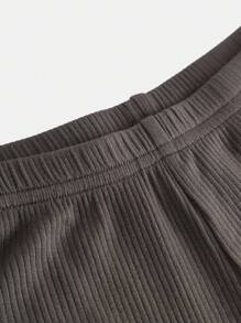 SHEIN Teen Girls All-Match Versatile High Stretch Ribbed Dark Gray Fold Over Leggings, Gray, Flannel, Warm/Cold Weather, Thermal Lined Leggings, Fluffy/Fuzzy - Dark Grey - View 3