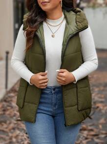 Calvaya Plus Size Solid Color Hooded Vest With Pockets, Autumn & Winter Clothes
