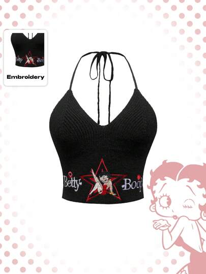 Betty Boop | ROMWE Top de punto con cuello de halter bordado con personajes de dibujos animados y letras, para mujer, de verano, para la escuela