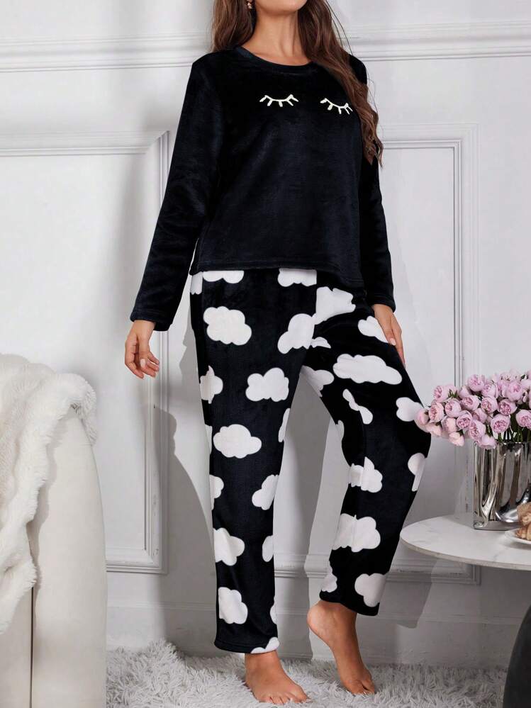 SHEIN Conjunto de Pijama de Manga Longa com Bordado de Cílios de Fleece e Calça, Roupas de Outono e Inverno, Pijama Fofo e Confortável - Preto - Visão 4