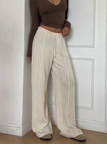 SHEIN EZwear Quần ống rộng dệt kim xoắn mới cho nữ, mặc ở nhà thoải mái - Màu be - Xem 4