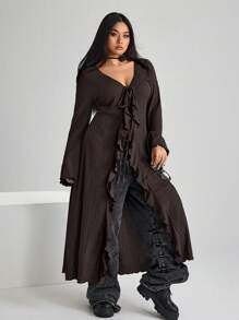 SHEIN ICON Blusa de punto con cuello en V, mangas de campana y detalle de lazo en la parte delantera, para mujer talla grande de la marca ICON - Marrón - Ver 3