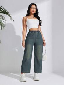 Jeans droits décontractés avec taille élastique lâche pour femmes, convient pour le printemps et l'été