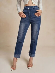 Women's Asymmetrical Waistline Pockets Stretchy Casual Foldable Fashion Jeans, Capris For Women, Pride 4th Of July Outfits For Women, Vacation Outfits For Women, Capri Jeans - Blue - View 3