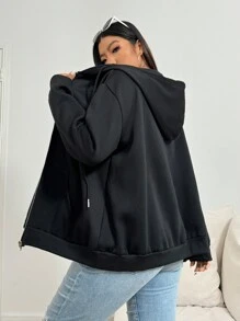 SHEIN EZwear Plus Size Women's Rhinestone Embellished Hooded Zip Up Sweatshirt - Black - View 2
