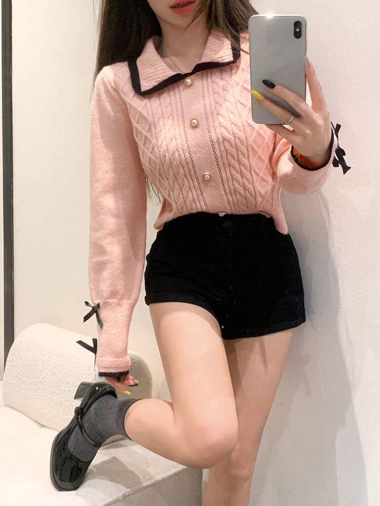 Women's Contrast Color Bow Decor Knit Pullover Sweater, Suitable For Autumn, Winter, Valentine's Day