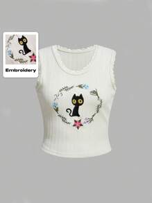 ROMWE Fairycore Women's Floral Cat Embroidered Tank Top For Summer, School - Apricot - View 1
