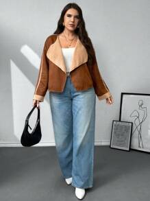 SHEIN Privé 大码女式咖啡棕色蓬松内衬保暖毛绒夹克，秋冬款 - 咖啡棕 - 查看 8