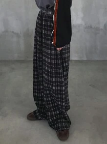 FRIFUL 女士格纹印花抽绳休闲阔腿街头裤 - 黑與白 - 查看 4
