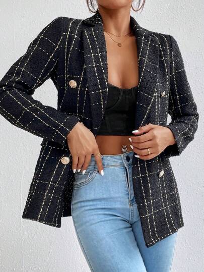 Aalyst Plaid Double Breasted Tweed Blazer Fall Cloth For Women