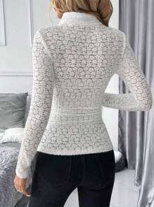 SHEIN Clasi 女士纯色毛绒高领长袖蕾丝 T 恤，秋冬 - 白色 - 查看 2