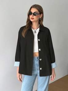SHEIN Unity Chaqueta informal de mujer de longitud midi oversize con bloques de color y rayas - Negro - Ver 4