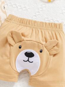 SHEIN 2件套新生儿婴儿男女宝宝休闲可爱小熊印花短袖连体衣和短裤套装，春夏款 - 彩色 - 查看 7