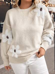 SHEIN LUNE Plus Size Crew Neck Long Sleeve Floral Pattern Simple Casual Pullover Sweater - Apricot - View 6