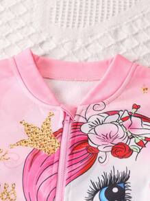 2 pièces Set veste et pantalon de survêtement avec imprimé licorne pour jeunes filles, rose