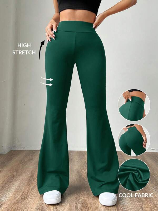 SHEIN EZwear Plus Size Women Moisture Wicking High Waist Flare Pants, Versatile Slim-Fit Knit Trousers, Moss Green