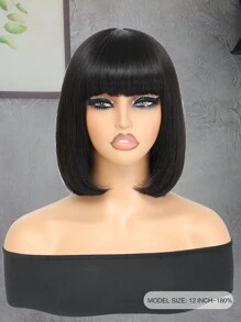 Short Bob Wig Fake Scalp Top Layered Straight Remy Hair Wigs With Bangs Jet Black Full Machine Made None Lace Wigs For Women