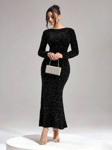 Coutiva 女装时尚秋冬宴会派对公主名媛优雅网红日常可穿流行连衣裙。超高弹力亮片面料修身收腰提臀超长连衣裙，领口一字肩设计时尚修身扭纹设计连衣裙，红色连衣裙正式晚宴连衣裙，圣诞节可穿圣诞连衣裙，特殊背部设计真丝面料拼接时尚修身，黑色长袖舞会晚礼服，适合婚礼嘉宾，毕业典礼