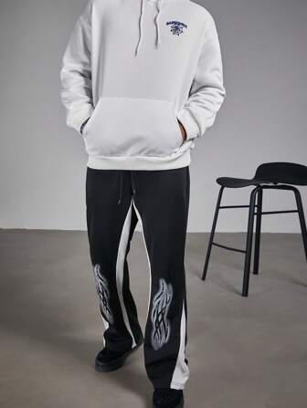 Manfinity Roughcore Plus Size Men's Casual Spider Web & Letter Print Drop Shoulder Hooded Long Sleeve Sweatshirt, Autumn/Winter