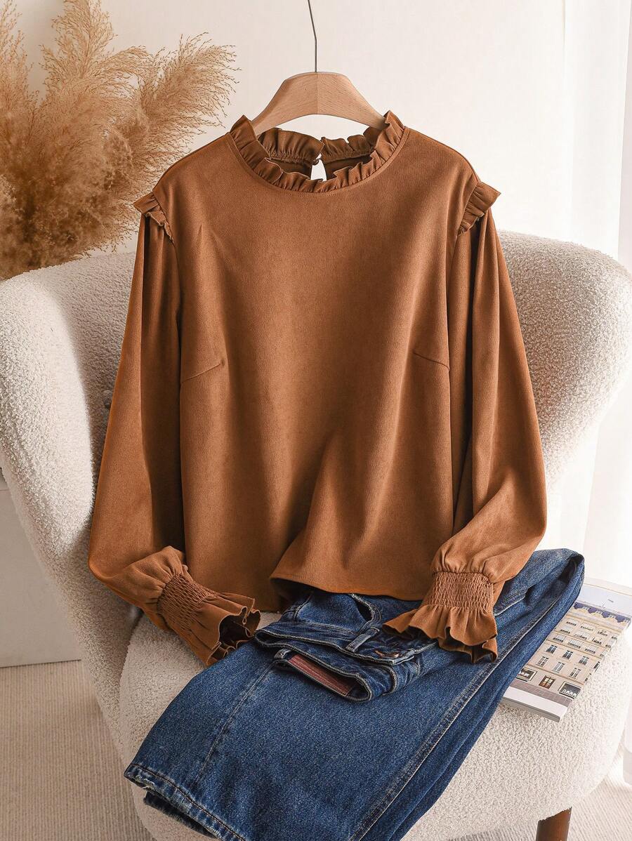 CosyJoli 大码女式休闲纯色衬衫，秋冬 - 棕色 - 查看 1