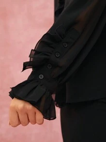 Enchnt Camisa de manga larga de cuello alto transparente con botones frontales de unicolor para mujer - Negro - Ver 4