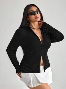 SHEIN ICON ICON Plus Size Women's Black Knitted Jacket - Black - View 3