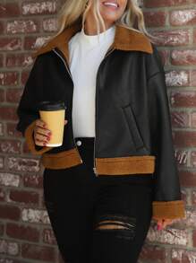 SHEIN LUNE Plus Size Stand Collar Zipper Contrast Color Long Sleeve Casual Fashion Jacket Thanksgiving Outfit/Leather Jacket Plus Size /Hollowed Costumes Holiday Outfit