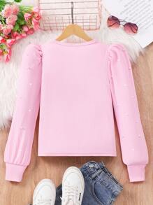 SHEIN Tween Girl Zwart Effen Kleur Geborduurd Geborduurd Pofmouw Casual T-shirt