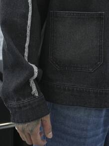 Claim Dot Men's Casual Street Wear Rapper Plain Dark Denim Jacket With Pockets And Frayed Hem, Spring Autumn, For Going Out - Black - View 7