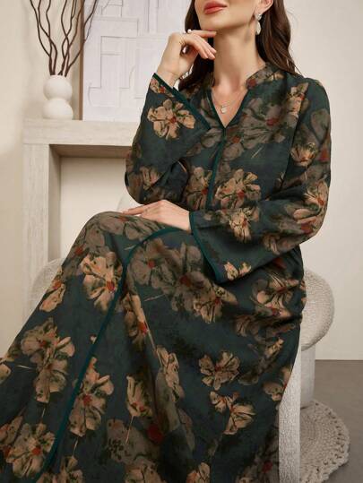 Al Najma 花卉印花 V 领长袖优雅阿拉伯风格连衣裙，朴素的 A 字型长款阿拉伯连衣裙，适合日常休闲/居家/户外休闲