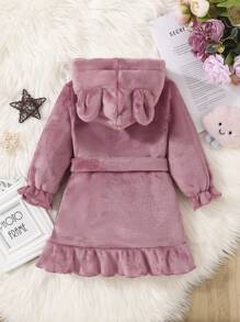 SHEIN 女小童3D耳朵設計喇叭袖荷葉邊連帽腰帶絨布睡袍