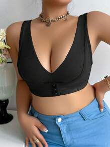 Plus Size Black Front Closure Bra Wireless Support Full Coverage Casual Comfy - Black - View 4