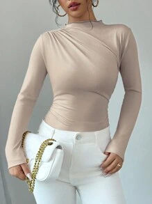 Chiquease Women's Apricot Slim-Fit Long-Sleeve Daily Casual Versatile Spring/Summer/Autumn T-Shirt T-Shirt With A Standing Collar And Gathers