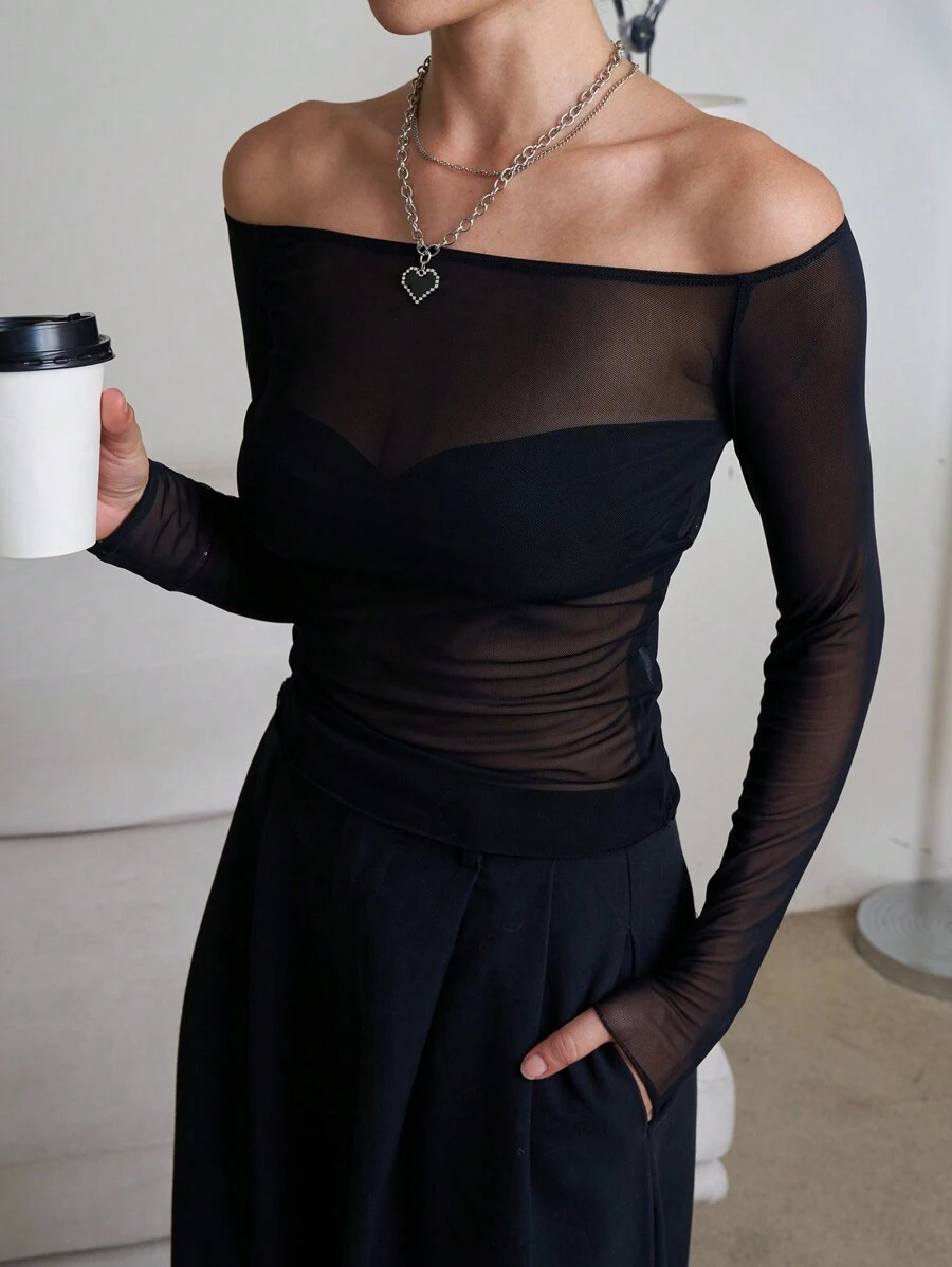 INAWLY Women Off Shoulder Long Sleeve Mesh Sexy Fashion Blouse Fall Cloth For Women - Black - View 1