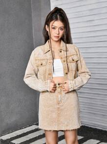 SHEIN Explorewe 2pcs Set: 1 Distressed Brown Denim Jacket + 1 Denim Skirt For Teenage Girls, Fashion - Brown - View 5