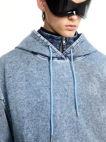 NEON BLANC Men's Blue Denim High Collar Zipper Hoodie, For Fall Winter - Blue - View 4