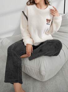 Bộ đồ ngủ vải nỉ thêu hình gấu dễ thương, đồ ngủ nữ, quần áo thu đông - Màu be - Xem 4