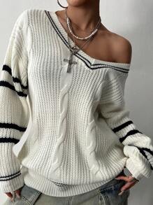 Flirla Women Contrast Color Knitted Long Sleeve Sweater