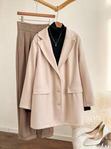 SHEIN Privé Plus Size Women's Apricot Notched Collar Minimalist Business Blazer - Apricot - View 3