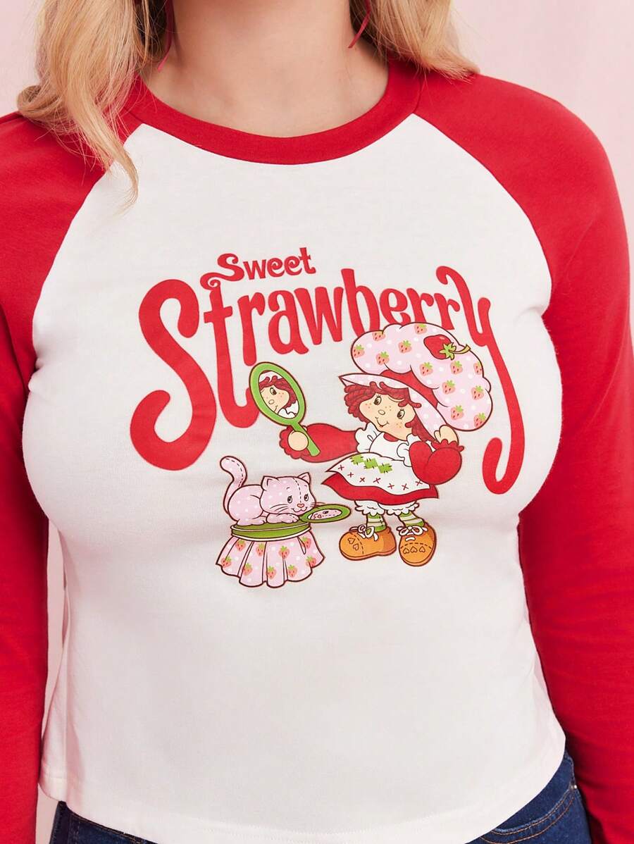 Strawberry Shortcake X SHEIN 女士撞色印花圆领插肩长袖 T 恤 - 白色 - 查看 1