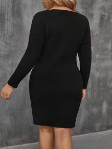 SHEIN Clasi Plus Size Black Heart Embroidered Bodycon Sweater Dress - Black - View 2