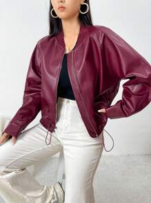 Seusyu Burgundy Red Women's Plain Color Drawstring Hem Jacket, Autumn - Burgundy - View 6