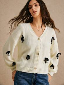 Poéselle White Bow Sweater Cardigan,Casual Bow Decor Knitted Cardigan, Fall Women Clothes,Winter Women Clothes,Black Stereoscopic Bow Decorated Cardigan Sweater,Warm And Comfortable, Suitable For Daily Street, Commute, Holiday, Home Wear FW24