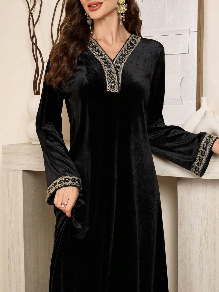 Al Najma Elegant Long Sleeve Velvet Modest Dress, Spring-Autumn 2024 New Arrival - Black - View 1